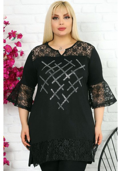 Kol ve Etek Ucu Dantelli Taş Işlemeli Yaka Taşlı Kısa Kollu Tunik fiyatları