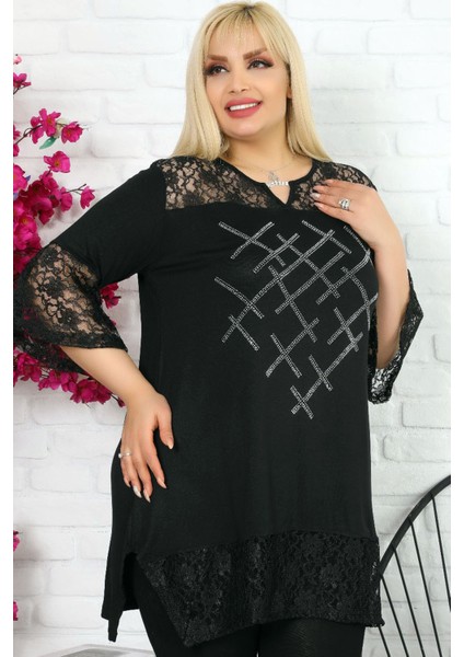 Kol ve Etek Ucu Dantelli Taş Işlemeli Yaka Taşlı Kısa Kollu Tunik modelleri