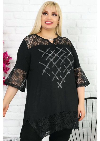 Kol ve Etek Ucu Dantelli Taş Işlemeli Yaka Taşlı Kısa Kollu Tunik fırsatları