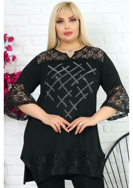 Kol ve Etek Ucu Dantelli Taş Işlemeli Yaka Taşlı Kısa Kollu Tunik indirimleri