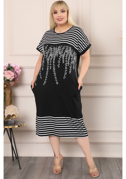 Zeytin Dallı Çizgili Yuvarlak Yaka Bloklu Kısa Kol Rahat Elbise