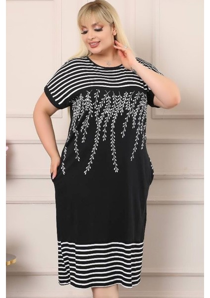 Zeytin Dallı Çizgili Yuvarlak Yaka Bloklu Kısa Kol Rahat Elbise fiyatları