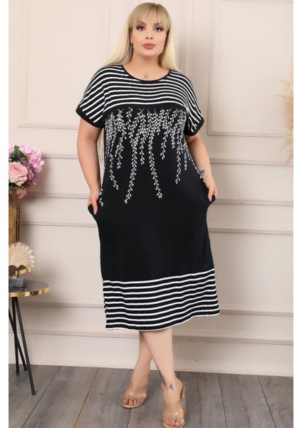 Zeytin Dallı Çizgili Yuvarlak Yaka Bloklu Kısa Kol Rahat Elbise modelleri