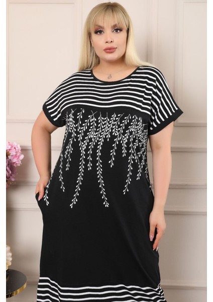 Zeytin Dallı Çizgili Yuvarlak Yaka Bloklu Kısa Kol Rahat Elbise fırsatları