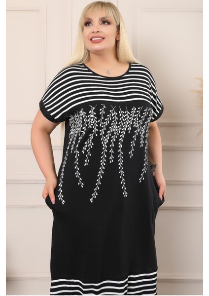 Zeytin Dallı Çizgili Yuvarlak Yaka Bloklu Kısa Kol Rahat Elbise indirimleri