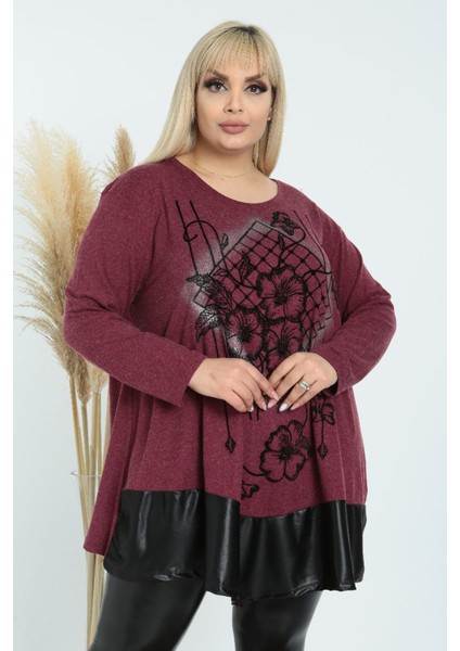 Etek Ucu Deri Detaylı Önü Çiçek Taş Işlemeli Uzun Kollu Tunik