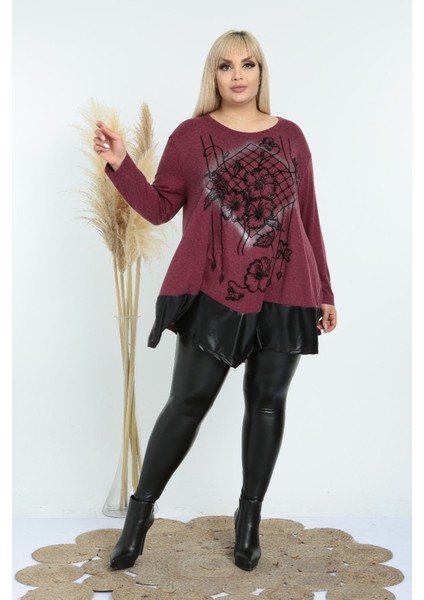 Etek Ucu Deri Detaylı Önü Çiçek Taş Işlemeli Uzun Kollu Tunik fiyatları