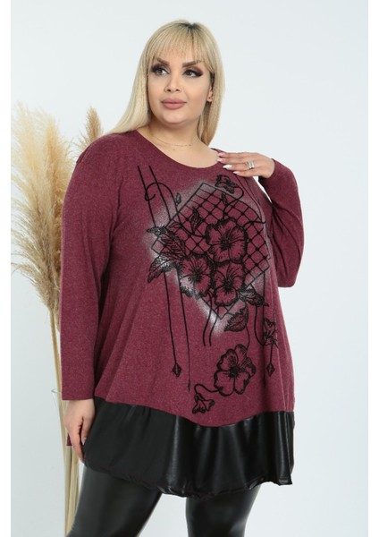 Etek Ucu Deri Detaylı Önü Çiçek Taş Işlemeli Uzun Kollu Tunik modelleri