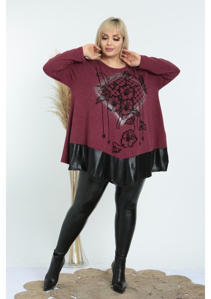 Etek Ucu Deri Detaylı Önü Çiçek Taş Işlemeli Uzun Kollu Tunik fırsatları