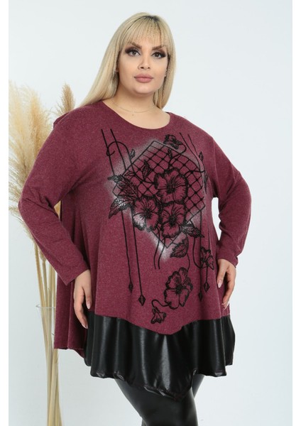 Etek Ucu Deri Detaylı Önü Çiçek Taş Işlemeli Uzun Kollu Tunik indirimleri