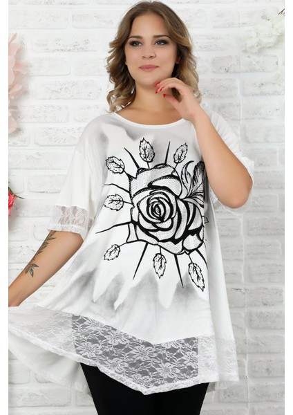 Etek ve Kol Ucu Dantelli Flok Baskılı Gül Motifli Kısa Kol Tunik