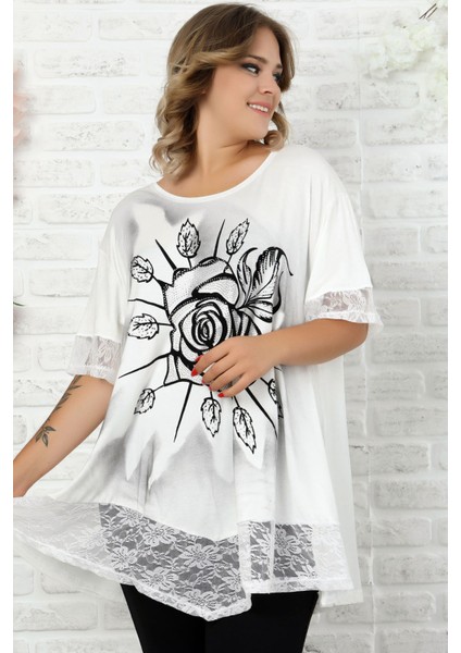 Etek ve Kol Ucu Dantelli Flok Baskılı Gül Motifli Kısa Kol Tunik fiyatları