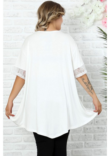 Etek ve Kol Ucu Dantelli Flok Baskılı Gül Motifli Kısa Kol Tunik fırsatları