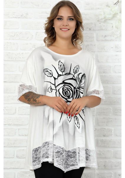 Gül Motifli Etek ve Kol Ucu Dantelli Flok Baskılı Kısa Kol Bluz modelleri