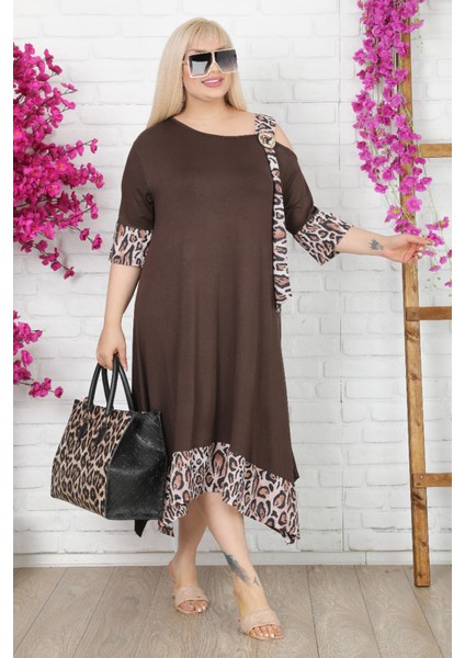 Asimetrik Omuz Detaylı Tokalı Leopar Desen Viskon Likralı Elbise fiyatları