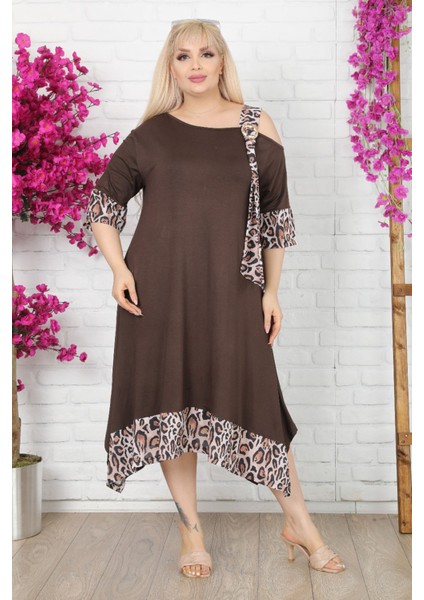 Asimetrik Omuz Detaylı Tokalı Leopar Desen Viskon Likralı Elbise fırsatları