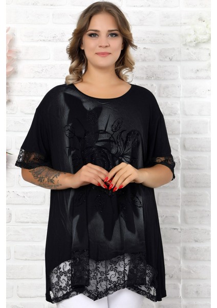 Etek ve Kol Ucu Dantelli Flok Baskılı Gül Motifli Kısa Kol Tunik fiyatları