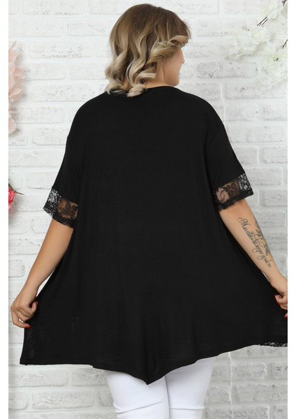 Etek ve Kol Ucu Dantelli Flok Baskılı Gül Motifli Kısa Kol Tunik modelleri