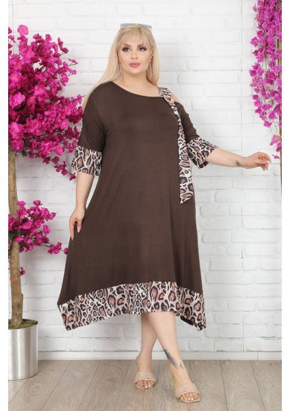 Asimetrik Omuz Detaylı Tokalı Leopar Desen Viskon Likralı Elbise indirimleri