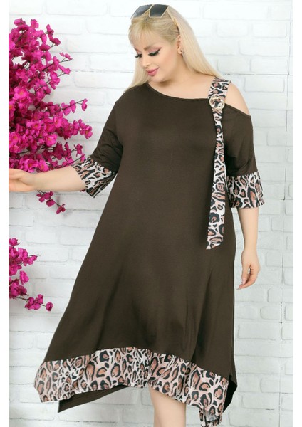 Omuz Dekolteli Tokalı Leopar Desen Likralı Asimetrik Şık Elbise