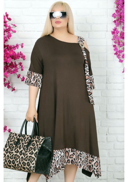 Omuz Dekolteli Tokalı Leopar Desen Likralı Asimetrik Şık Elbise fiyatları