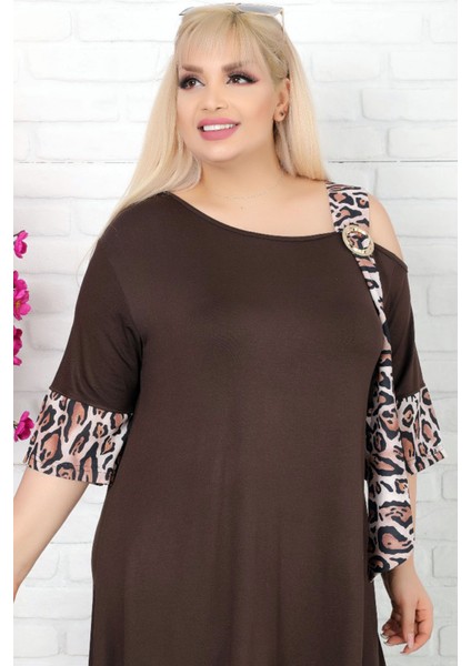 Omuz Dekolteli Tokalı Leopar Desen Likralı Asimetrik Şık Elbise modelleri