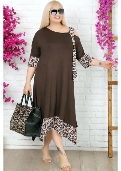 Omuz Dekolteli Tokalı Leopar Desen Likralı Asimetrik Şık Elbise fırsatları