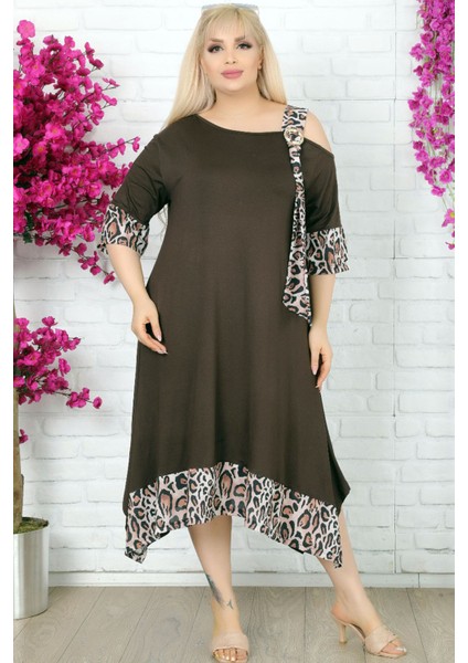 Omuz Dekolteli Tokalı Leopar Desen Likralı Asimetrik Şık Elbise indirimleri