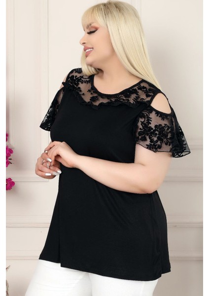 Omuz Dekolteli Katlı Kol ve Göğsü Dantelli Kısa Kol Dökümlü Tunik fiyatları