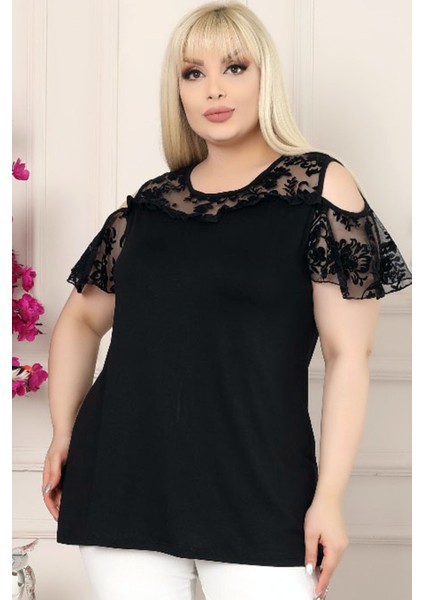 Omuz Dekolteli Katlı Kol ve Göğsü Dantelli Kısa Kol Dökümlü Tunik modelleri