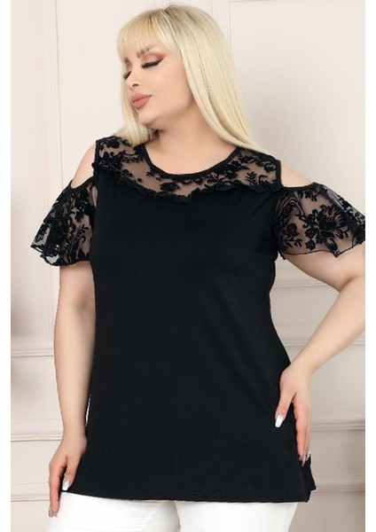 Omuz Dekolteli Katlı Kol ve Göğsü Dantelli Kısa Kol Dökümlü Tunik fırsatları