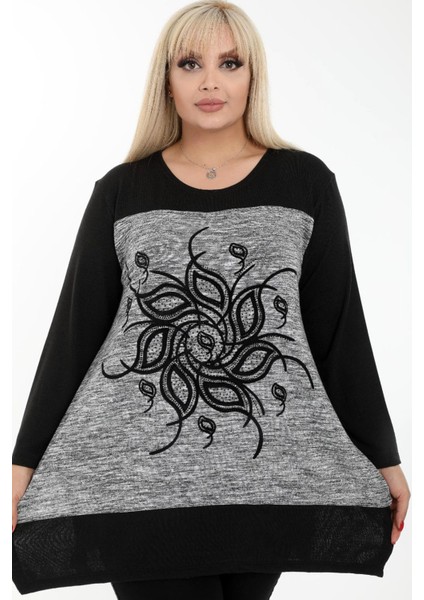 Çiçek Motifi Yuvarlak Yaka Taş Işlemeli Uzun Kol Rahat Tunik