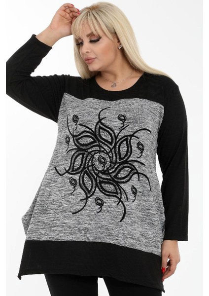 Çiçek Motifi Yuvarlak Yaka Taş Işlemeli Uzun Kol Rahat Tunik fiyatları