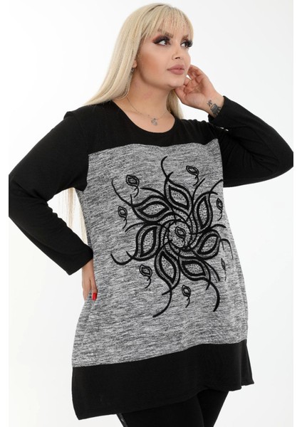 Çiçek Motifi Yuvarlak Yaka Taş Işlemeli Uzun Kol Rahat Tunik modelleri