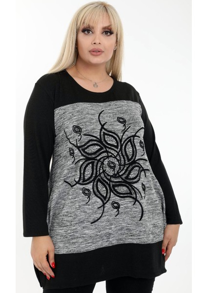 Çiçek Motifi Yuvarlak Yaka Taş Işlemeli Uzun Kol Rahat Tunik fırsatları