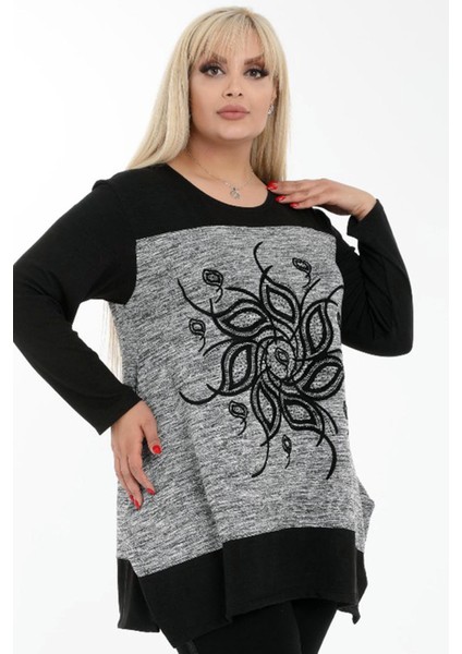 Çiçek Motifi Yuvarlak Yaka Taş Işlemeli Uzun Kol Rahat Tunik indirimleri