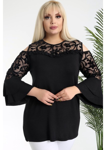 Flok Baskılı Tül Detaylı Ispanyol Kol Omuz Dekolteli Şık Bluz fiyatları