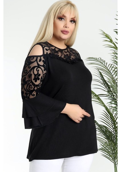 Flok Baskılı Tül Detaylı Ispanyol Kol Omuz Dekolteli Şık Bluz modelleri