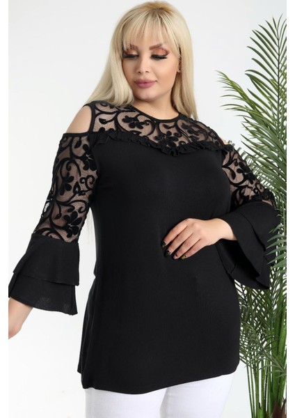 Flok Baskılı Tül Detaylı Ispanyol Kol Omuz Dekolteli Şık Bluz fırsatları