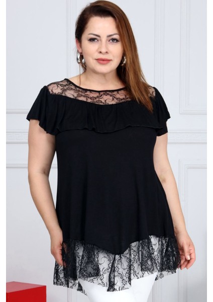 Özel Tasarım Dantelli Kısa Kol Fırfırlı Rahat ve Şık Bluz
