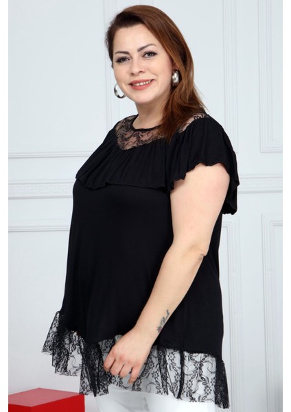 Özel Tasarım Dantelli Kısa Kol Fırfırlı Rahat ve Şık Bluz fiyatları