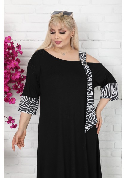 Asimetrik Omuz Detaylı Tokalı Zebra Desen Viskon Likralı Elbise