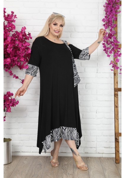 Asimetrik Omuz Detaylı Tokalı Zebra Desen Viskon Likralı Elbise fiyatları