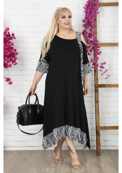 Asimetrik Omuz Detaylı Tokalı Zebra Desen Viskon Likralı Elbise fırsatları
