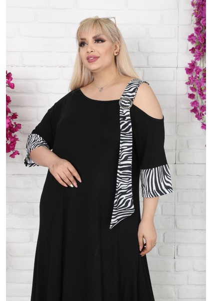 Asimetrik Omuz Detaylı Tokalı Zebra Desen Viskon Likralı Elbise indirimleri