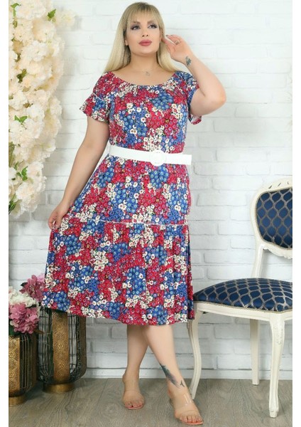 Madonna Yaka Çiçekli Kısa Kol Kemerli Rahat Özel Tasarım Elbise fiyatları