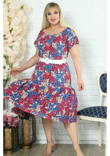 Madonna Yaka Çiçekli Kısa Kol Kemerli Rahat Özel Tasarım Elbise modelleri