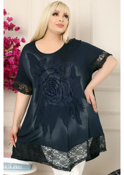 Etek ve Kol Ucu Dantelli Flok Baskılı Gül Motifli Kısa Kol Tunik modelleri
