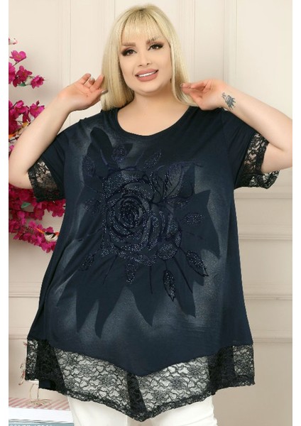 Etek ve Kol Ucu Dantelli Flok Baskılı Gül Motifli Kısa Kol Tunik fırsatları