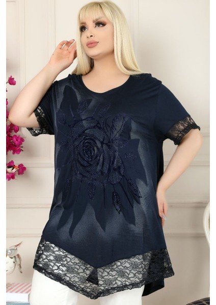 Etek ve Kol Ucu Dantelli Flok Baskılı Gül Motifli Kısa Kol Tunik indirimleri